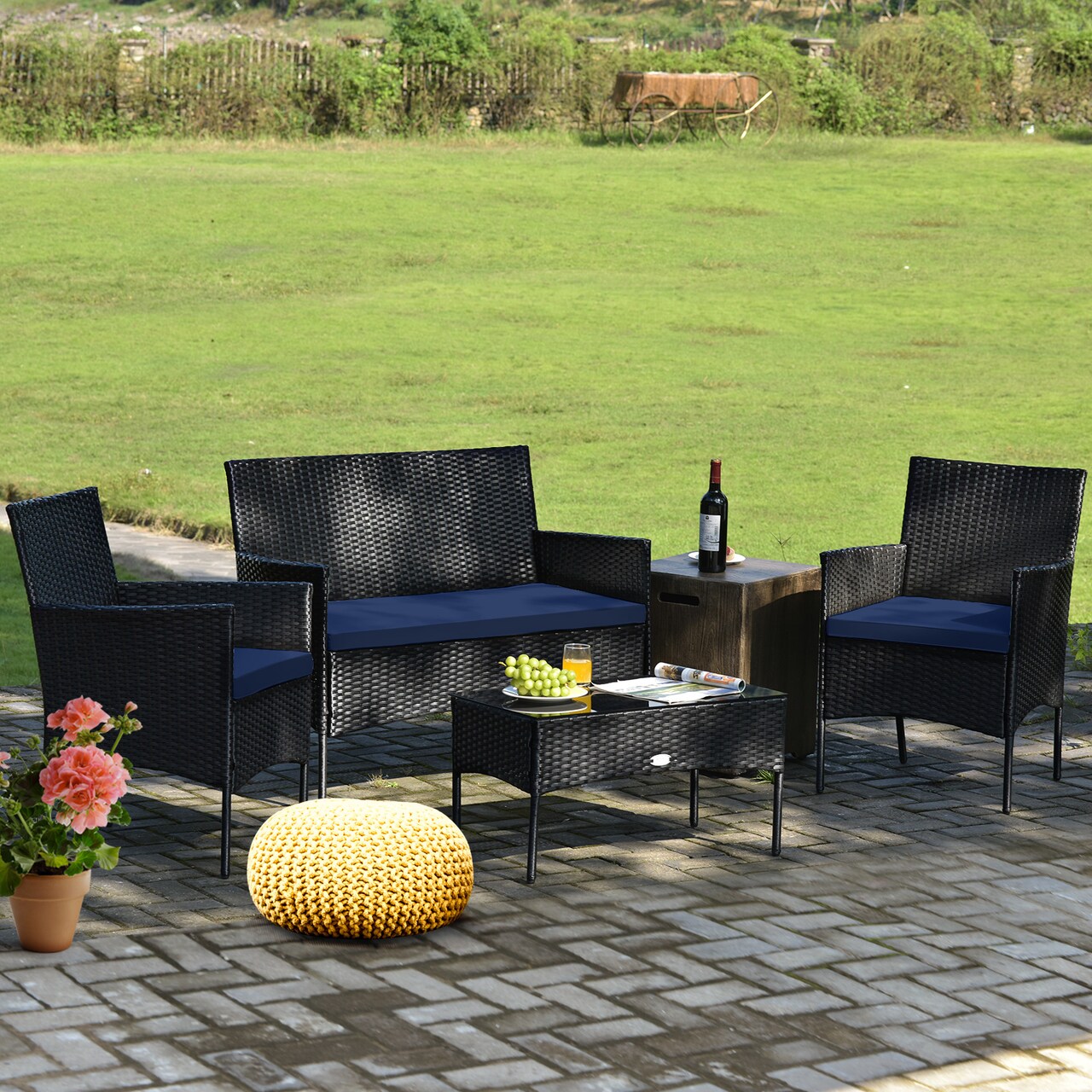 PE Rattan 3-Piece Patio Set – Tempered Glass Table with Comfortable Cushions
